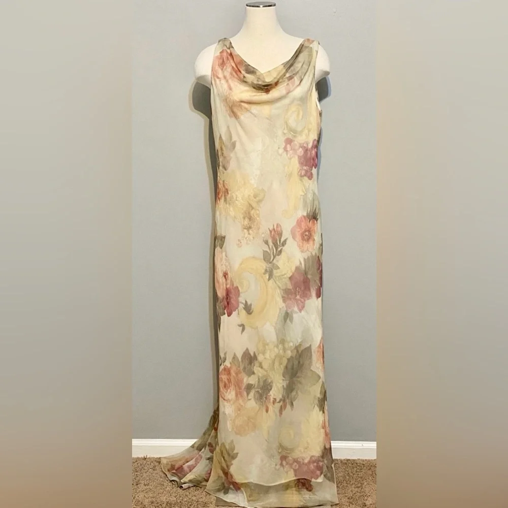Vintage Jeffery & Dara Evening by Tom Barra Long Elegant Cream Floral Maxi Sz 16 - Picture 3 of 9